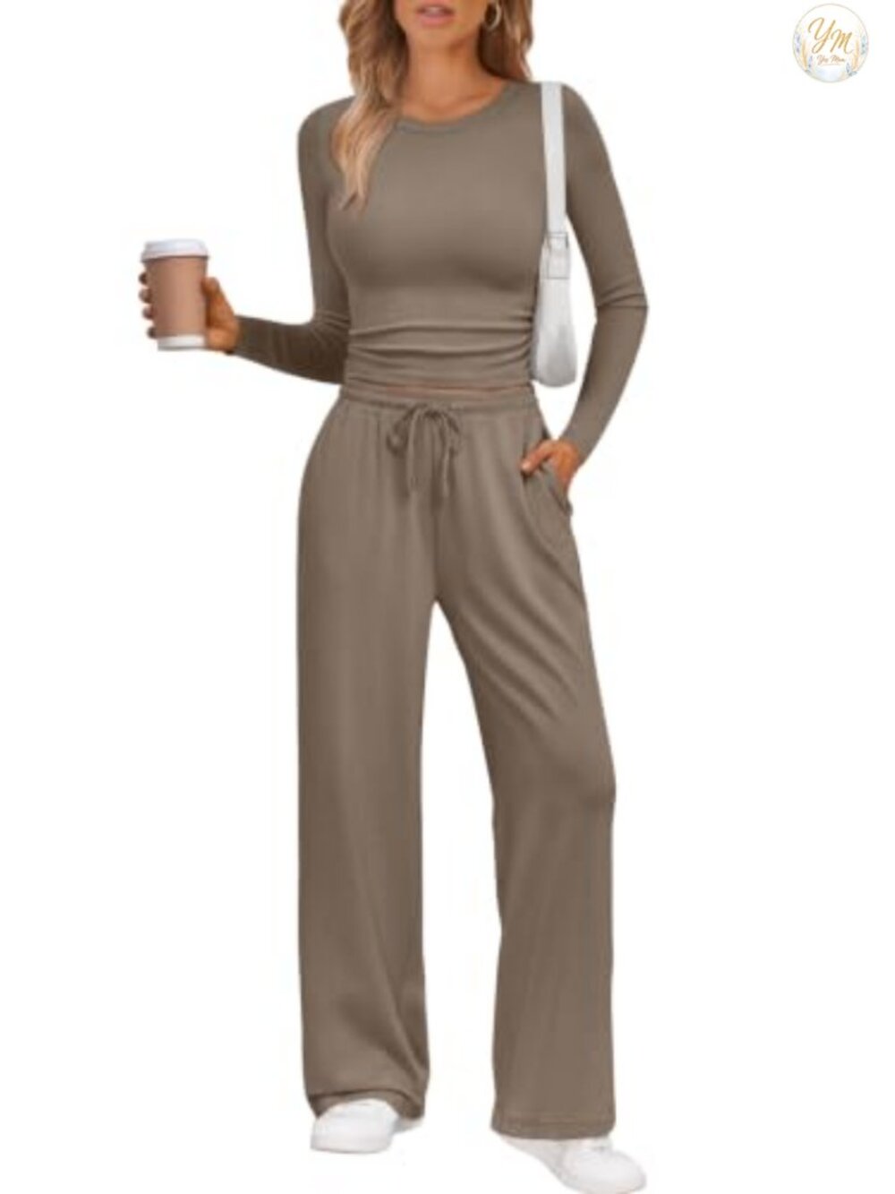 2 Piece Lounge Set for Women, Long Sleeve Top & Wide Leg Pants, 92% Rayon 8%